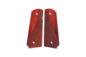A pair of custom Fusion Firearms 1911 grips in checkered cocobolo wood, shown on a white background