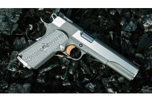 Custom Fusion Firearms 6 inch Ash Viper Gold Pro long-slide 1911 pistol chambered in .357 SIG, stainless steel with gray G10 grips