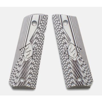 1911 Full Size Grips, G-10 White / Black, Ranger Cut with Fusion Logo, Beveled Bottom