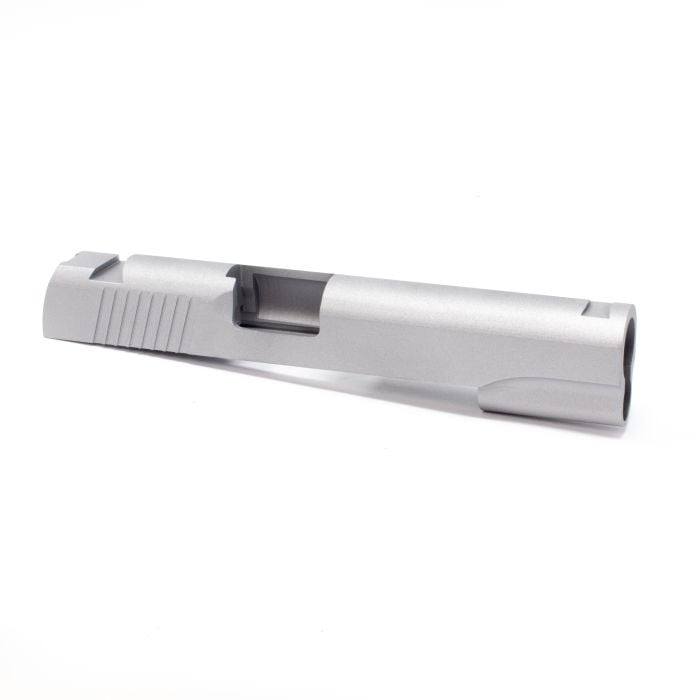 1911 slide, government 5" with novak sight cuts and rear cocking serrations with dust cover swept cut