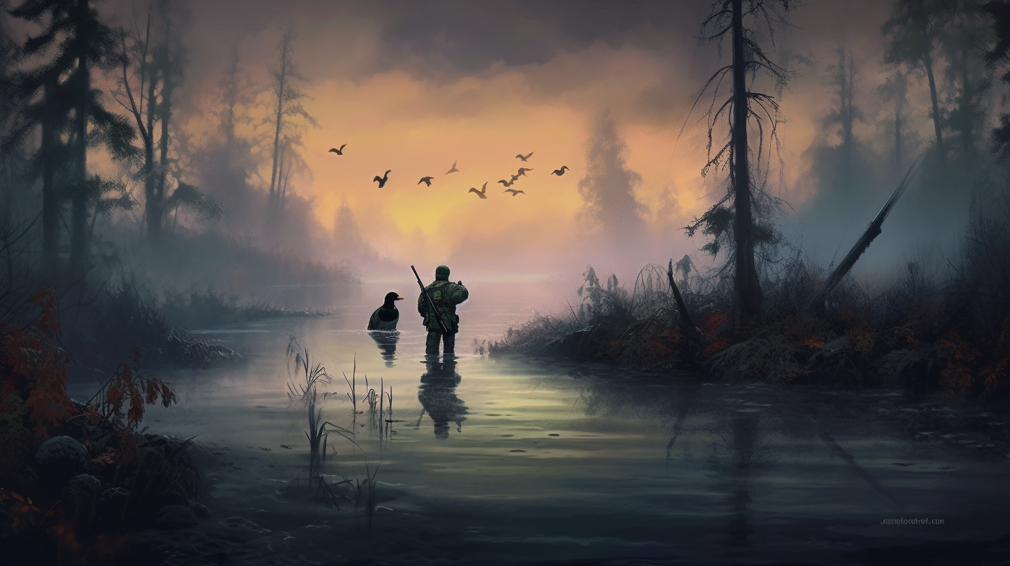 A hunter with a shotgun and a pile of duck decoys