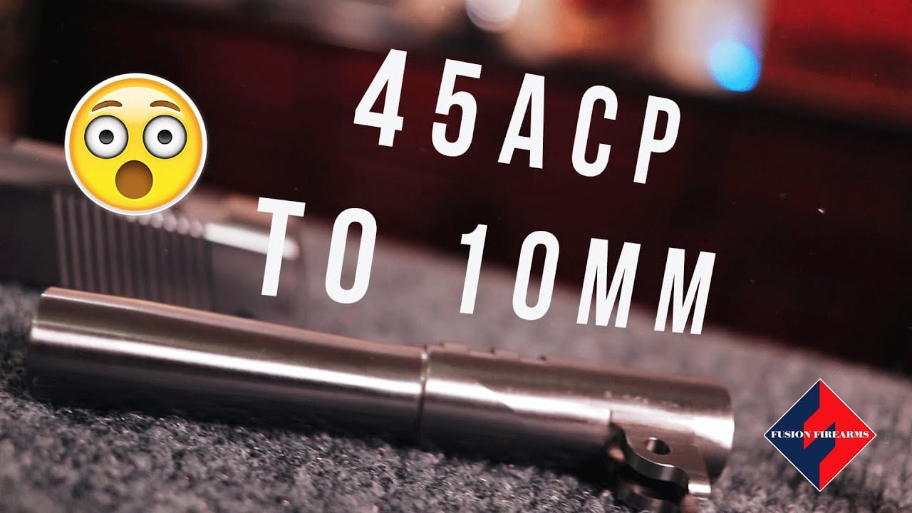 10mm Auto cartridge explainer hero from Fusion Firearms showing a .45 ACP to 10mm 1911 caliber conversion
