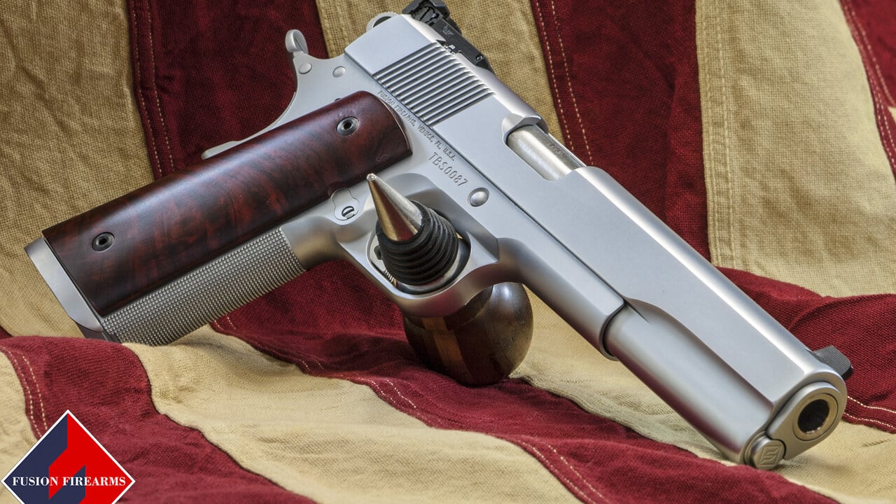 Custom Fusion Firearms chrome long-slide 1911 pistol, the kind of 1911-pattern platform chambered for cartridges like .38 Super