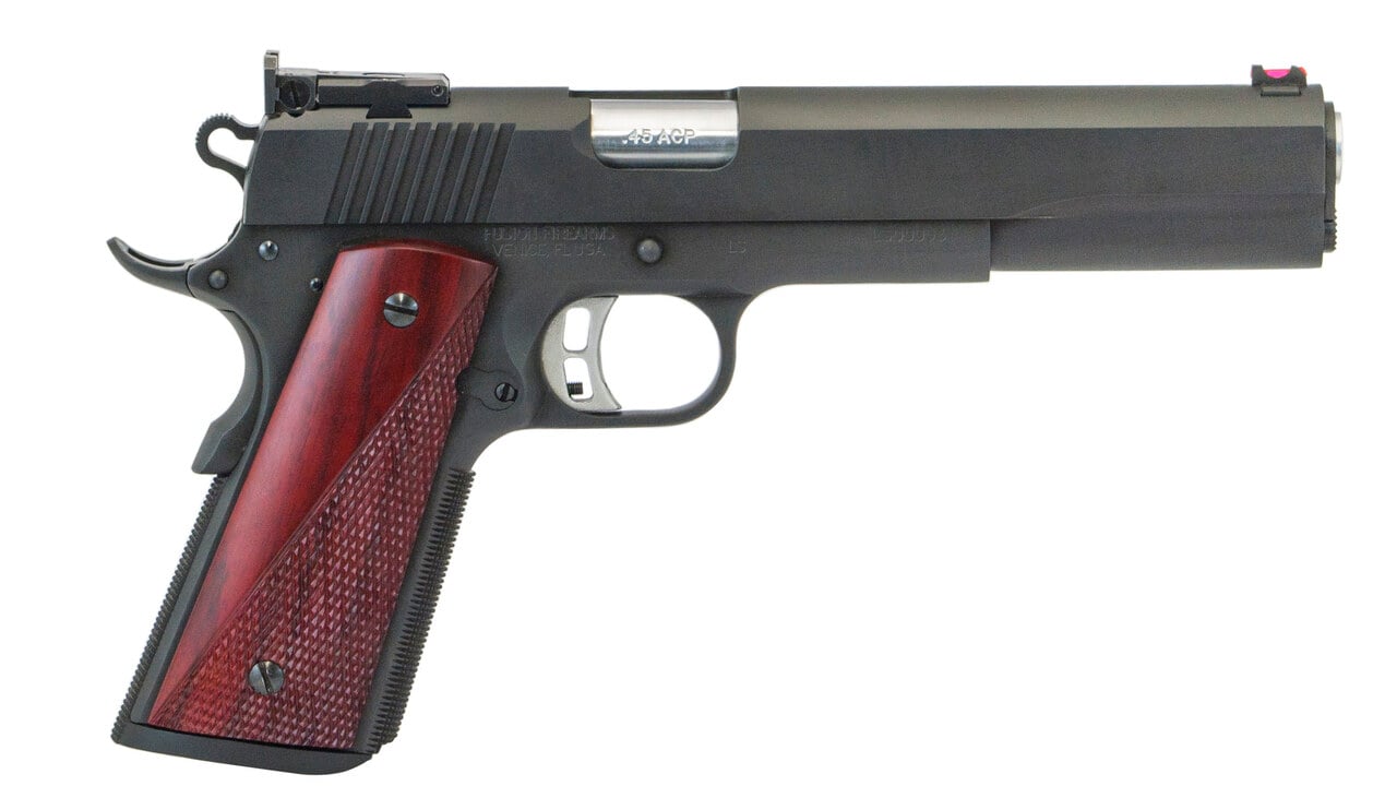 Classic full-size Fusion Firearms 1911 pistol in .45 ACP with a black slide and rosewood grips, the single-action semi-automatic design John Browning created