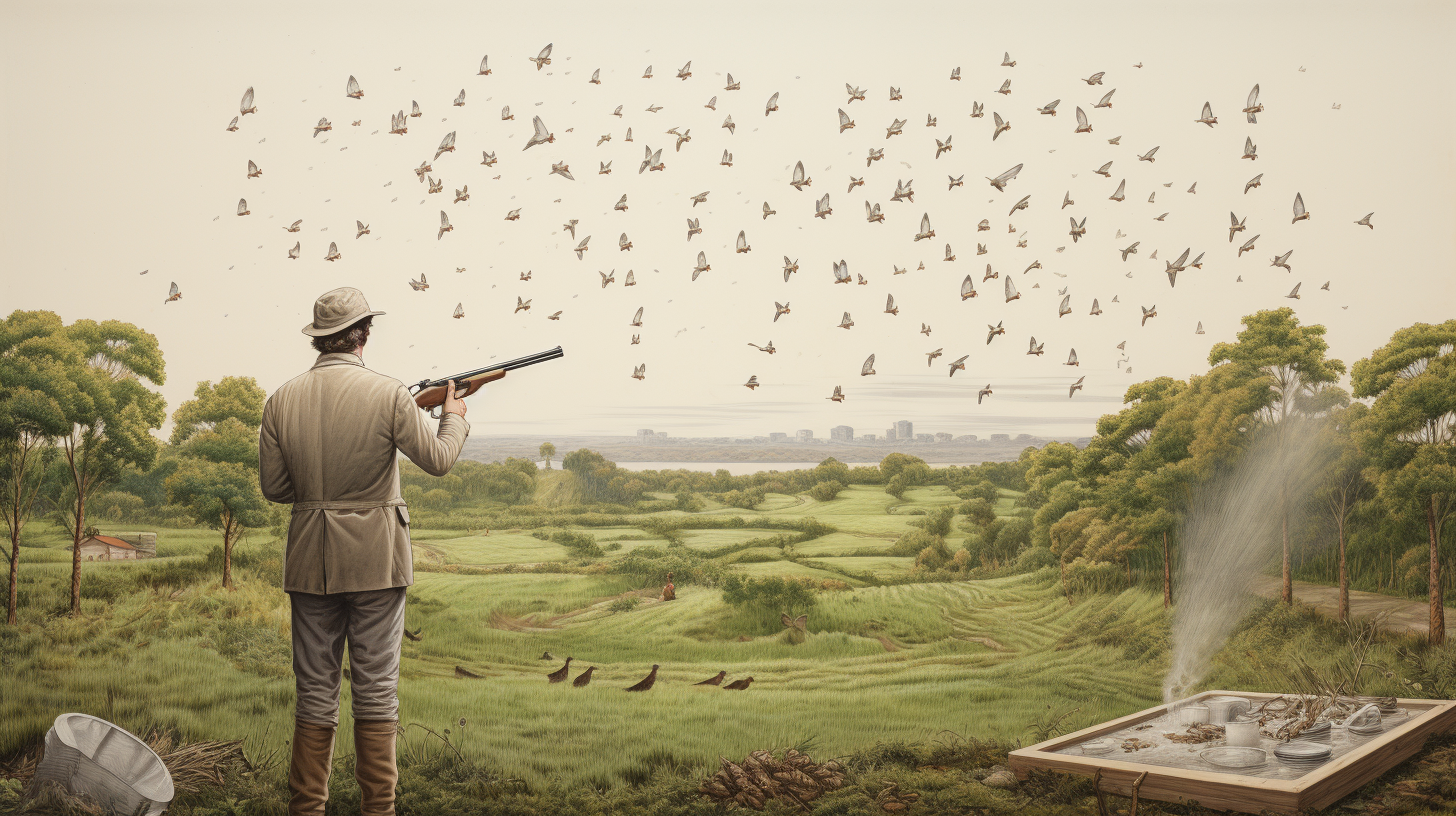 drawing of a man ready to hunt birds in the air with a shotgun