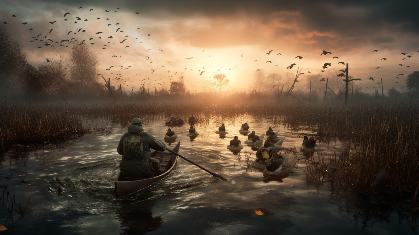 A hunter with a shotgun and a pile of duck decoys in a marshland